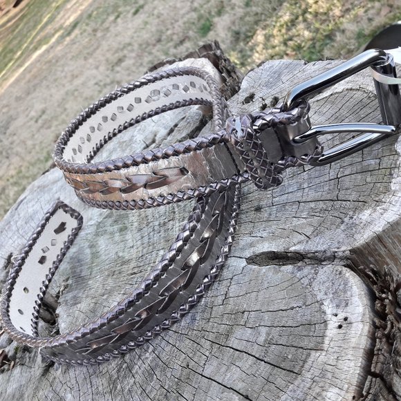Genuine Leather Vintage Belt Metallic Woven Braid